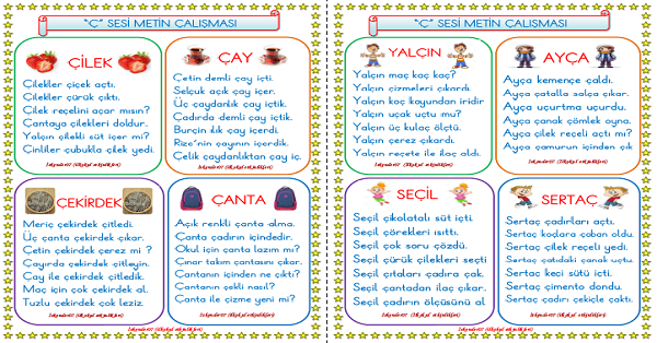 1. Sınıf İlk Okuma Yazma Ç Sesi Metin Okuma Çalışması