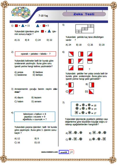 Zeka Testi 11 ( 7 - 10 ) Yaş