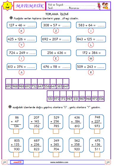 3. Sınıf Matematik Toplama İşlemi Etkinliği 2