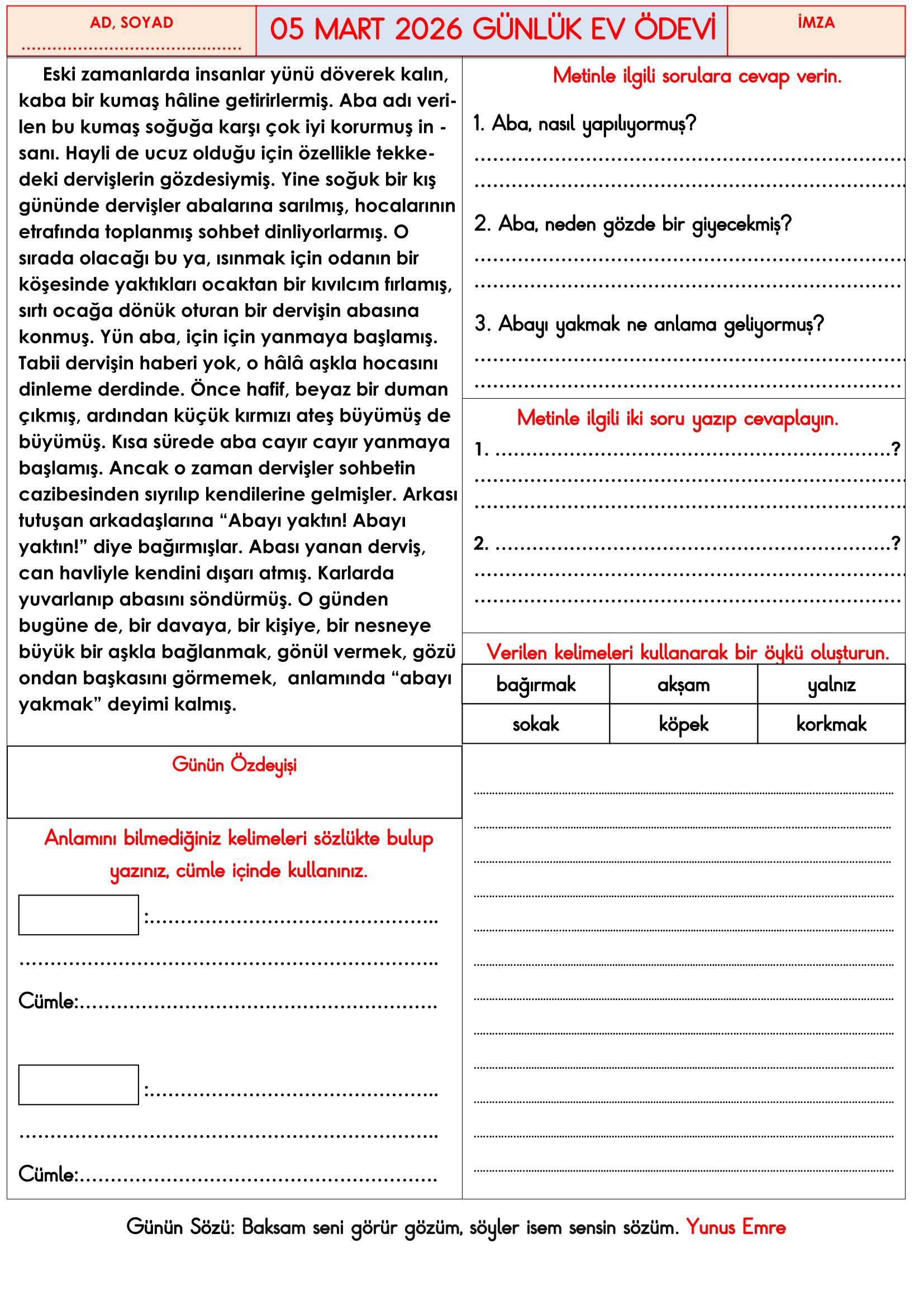 3.Sınıf - 05 Mart 2026 Günlük Ev Ödevleri