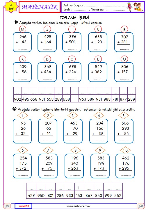 3. Sınıf Matematik Toplama İşlemi Etkinliği 1