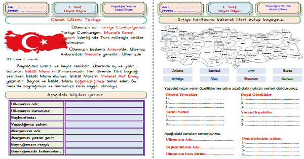 1. Sınıf Hayat Bilgisi Yaşadığım Yer Ve Güzel Ülkem Etkinliği