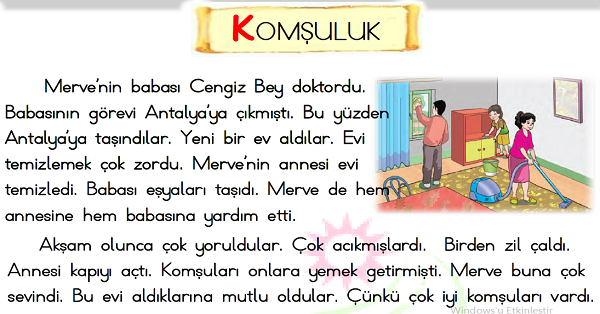 1.Sınıf Türkçe Okuma Anlama (Komşuluk) Metni