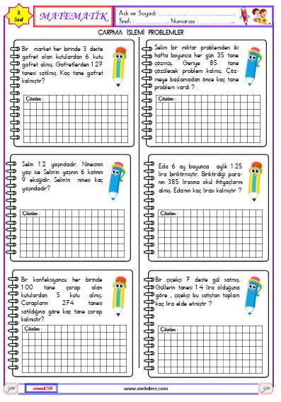 3. Sınıf Matematik Çarpma İşlemi ile İlgili Problemler Etkinliği 1