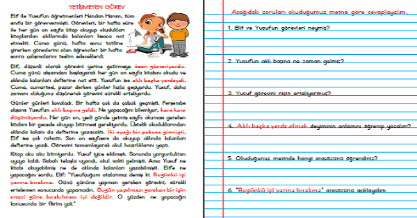 4. Sınıf Türkçe Okuma Anlama Yetişmeyen Görev Metni (Deyim ve Atasözü İçerekli)