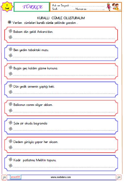 2. Sınıf Türkçe  Kurallı Cümle Etkinliği