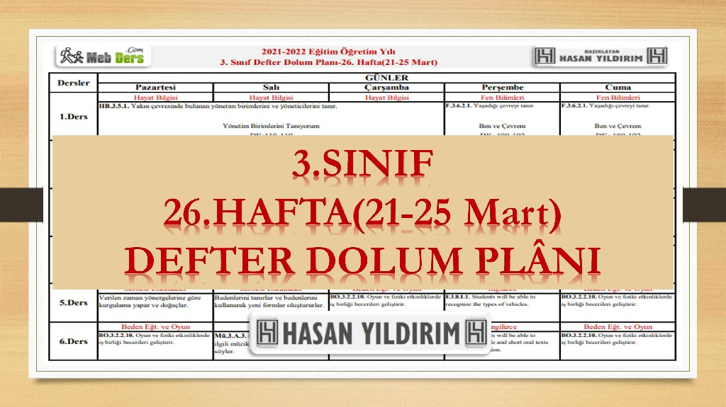 3.Sınıf 26.Hafta(21-25 Mart) Defter Dolum Planı