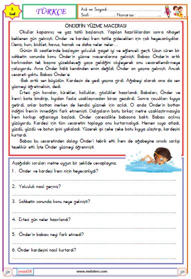 3.Sınıf Türkçe Okuma ve Anlama Etkinliği ( Önder'in Yüzme Macerası )