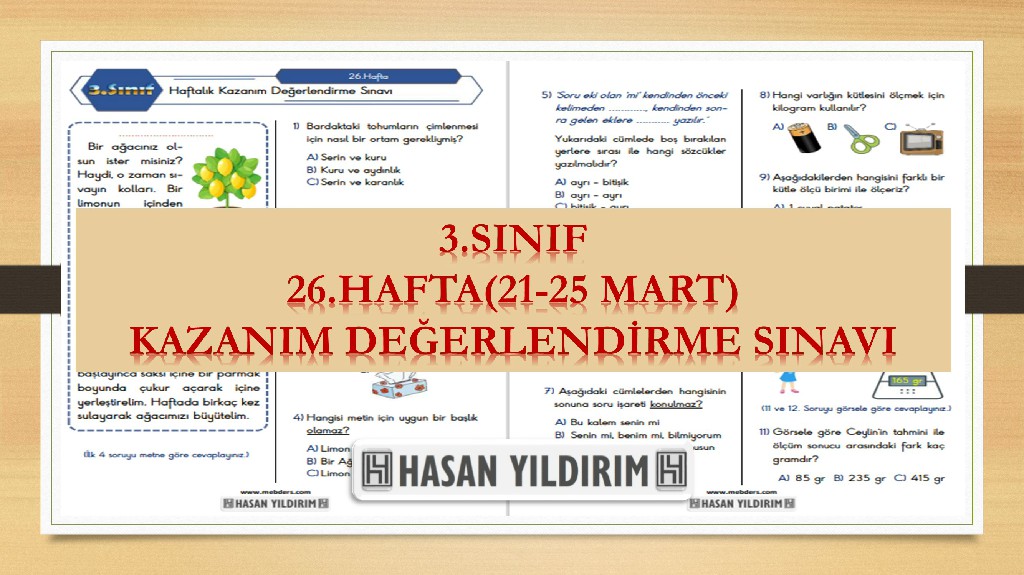 3.Sınıf Haftalık Değerlendirme Testi-26.Hafta(21-25 Mart)