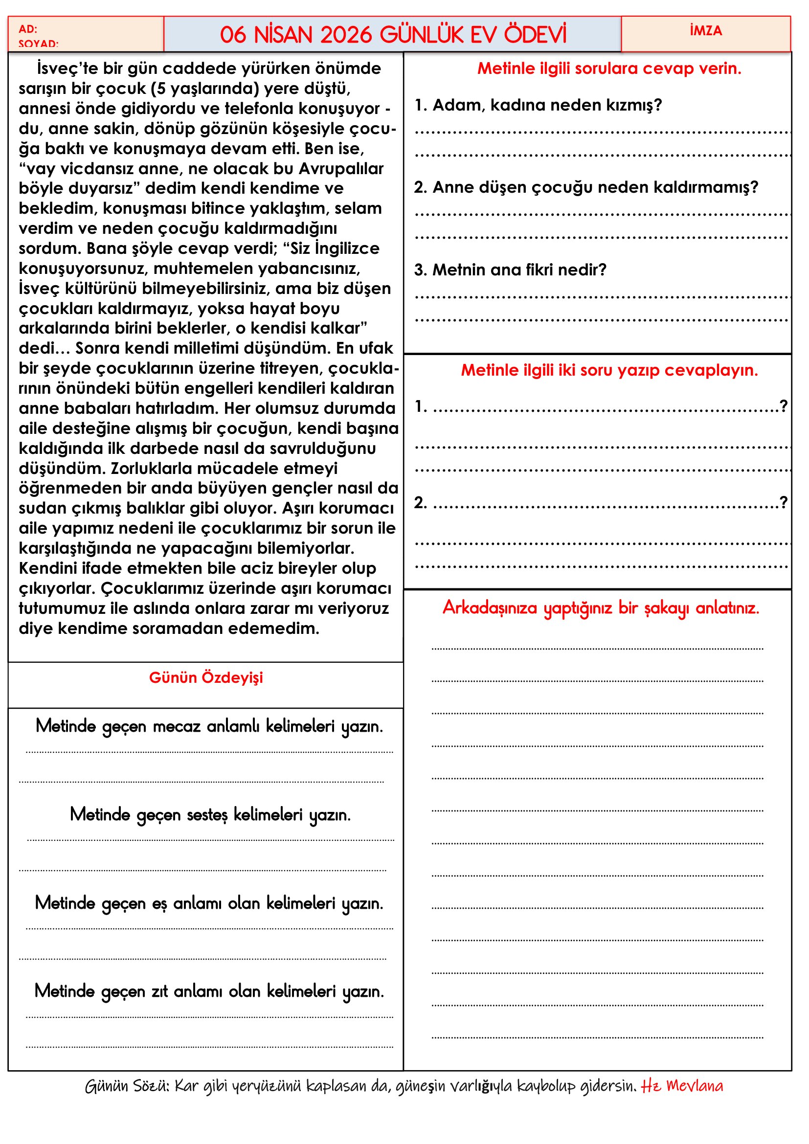 4.Sınıf - 06 Nisan 2026 Günlük Ev Ödevleri