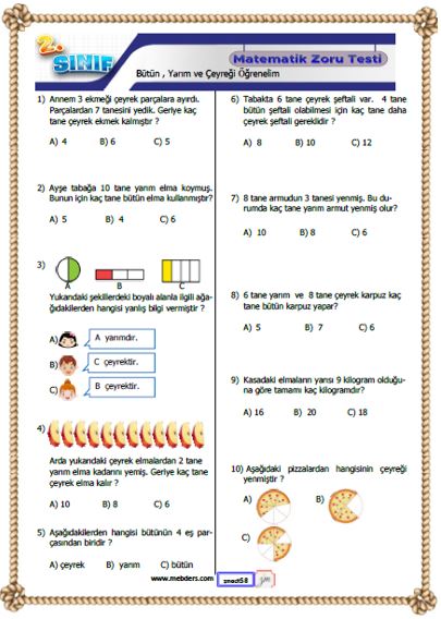 2.Sınıf Matematik Bütün , Yarım ve Çeyreği Öğrenelim Kazanım Testi