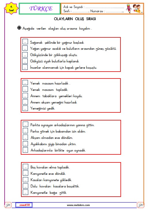 4. Sınıf Türkçe Olayların Oluş Sırası Ettkinliği 2