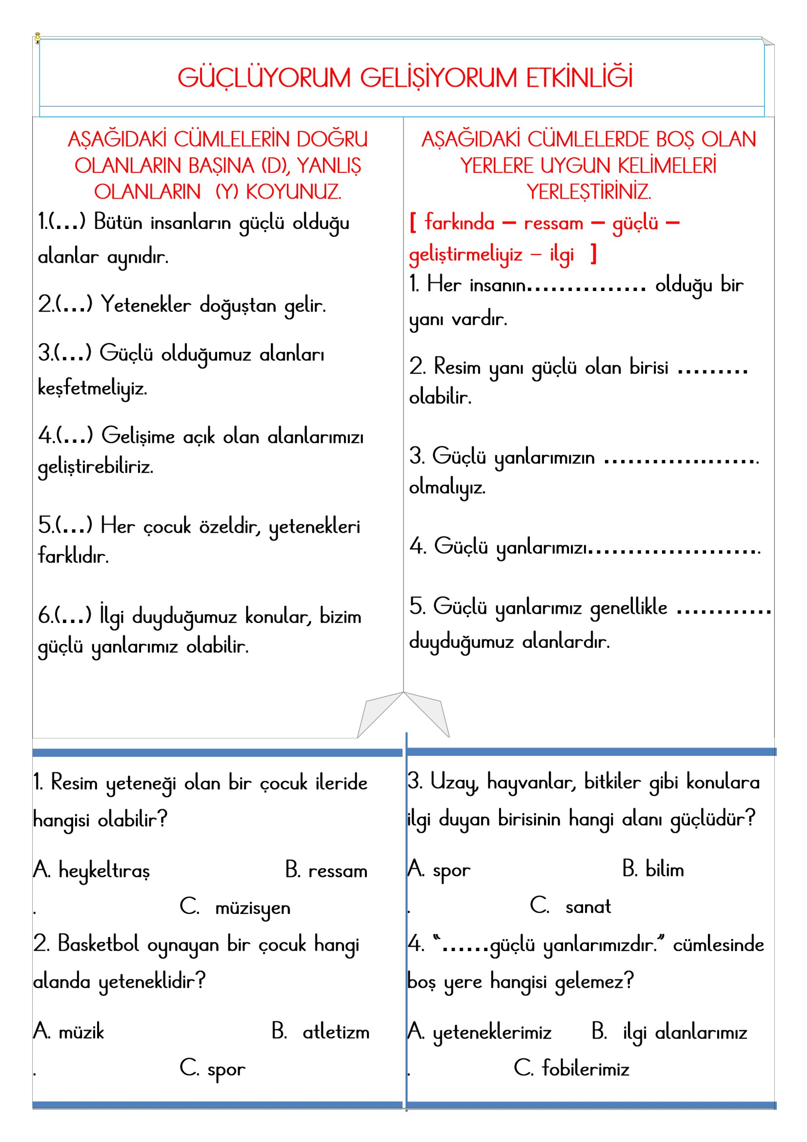 3.Sınıf - Hayat Bilgisi Güçlüyüm, Gelişiyorum Etkinliği