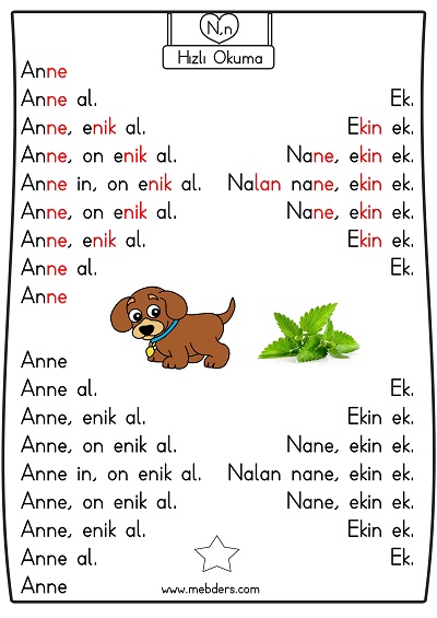 1.Sınıf İlk Okuma Karesel Metin Hızlı Okuma Etkinliği - N Sesi