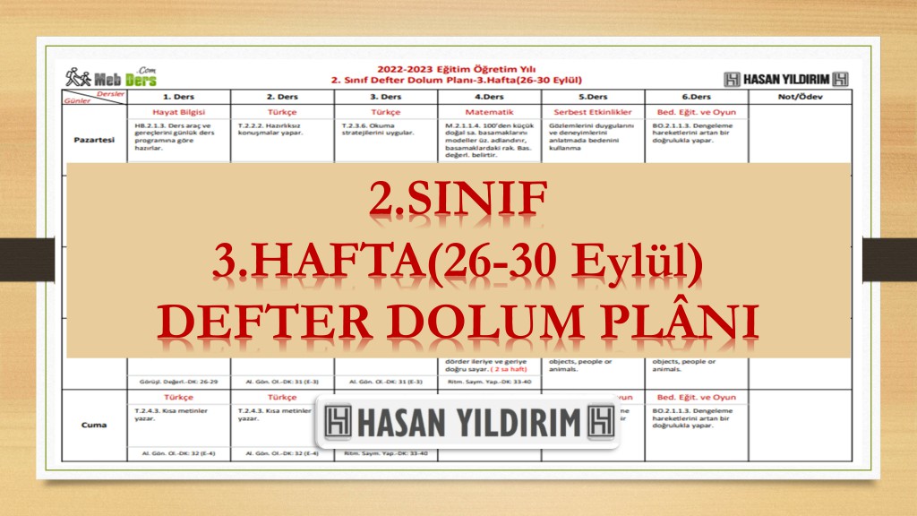 2022-2023 Eğitim Öğretim Yılı 2. Sınıf 3. Hafta (26-30 Eylül) Defter Dolum Planı