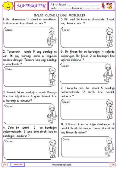 2. Sınıf Matematik Sıvıları Ölçme ile İlgili Problemler  Etkinliği 1