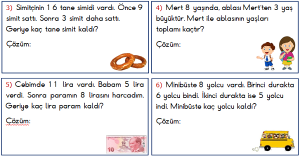 1.Sınıf Matematik Toplama ve Çıkarma İşlemi ile İlgili Problemler 1