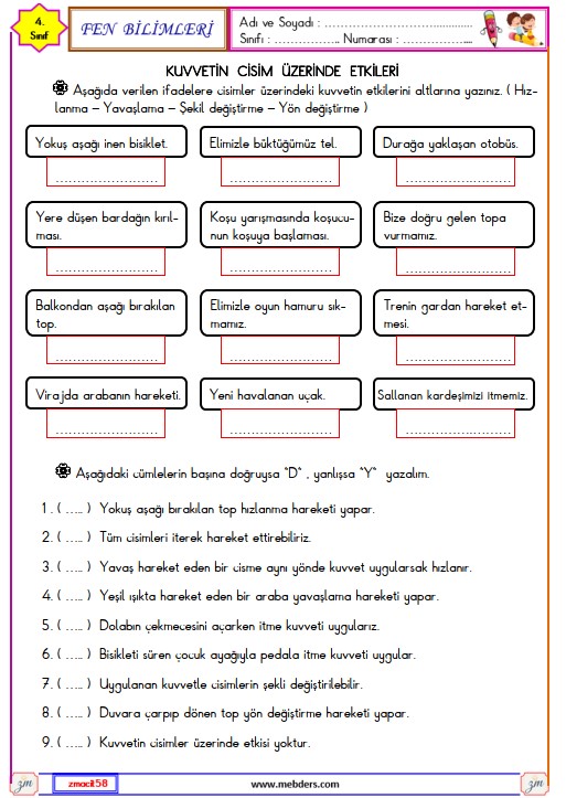 4. Sınıf Fen Bilimleri Kuvvetin Cisim Üzerinde Etkileri Etkinliği 2