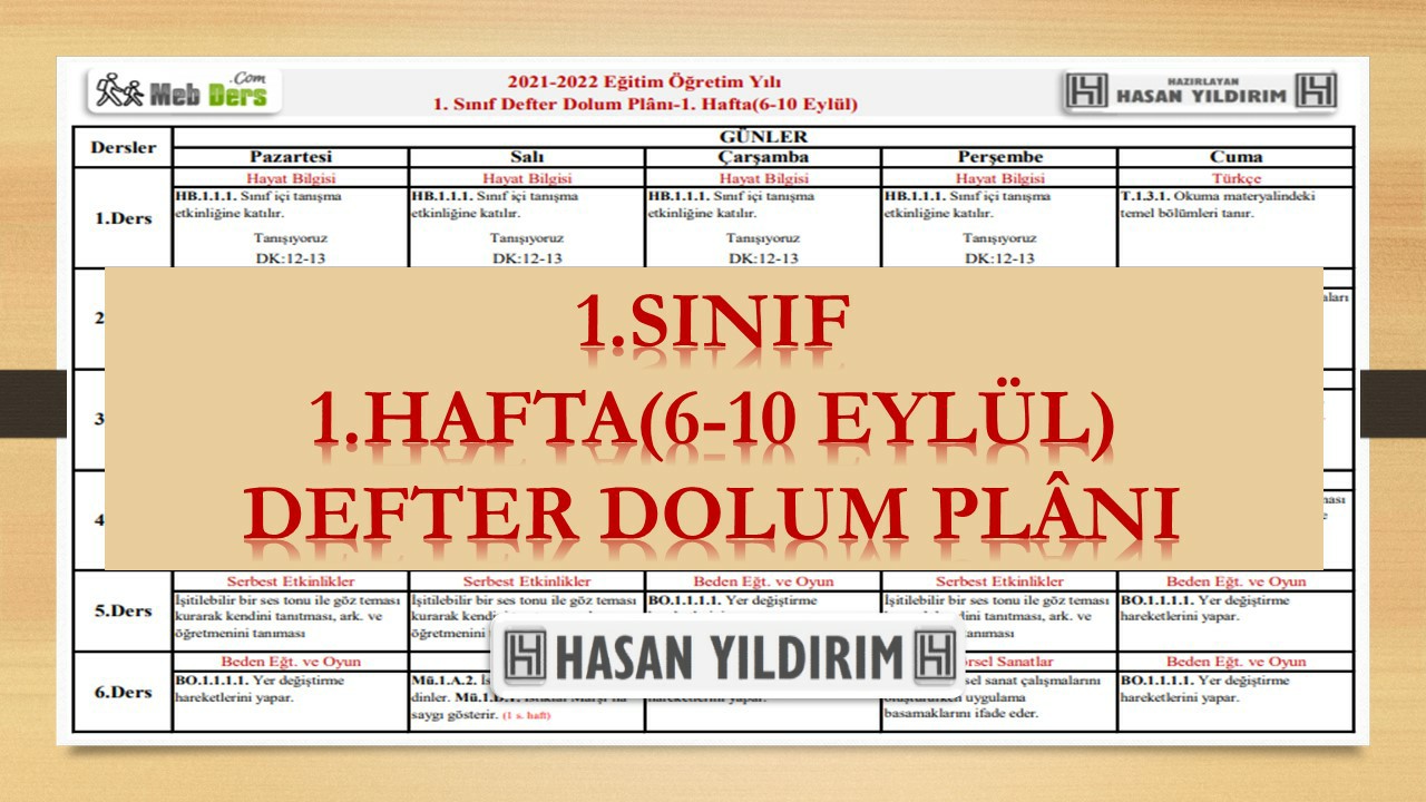 1.Sınıf 1.Hafta(6-10 Eylül) Defter Dolum Planı