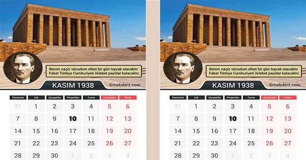 10 Kasım 1938 Atatürk Takvimi