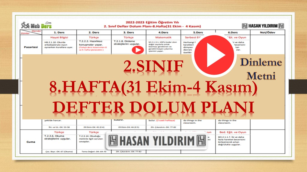 2022-2023 Eğitim Öğretim Yılı 2. Sınıf 8. Hafta (31 Ekim-4 Kasım) Defter Dolum Planı