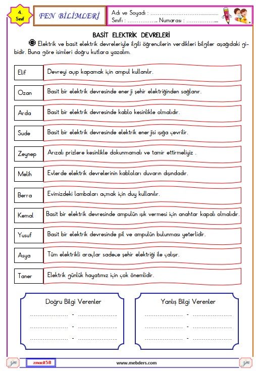 4. Sınıf Fen Bilimleri Basit Elektrik Devreleri Etkinliği 5