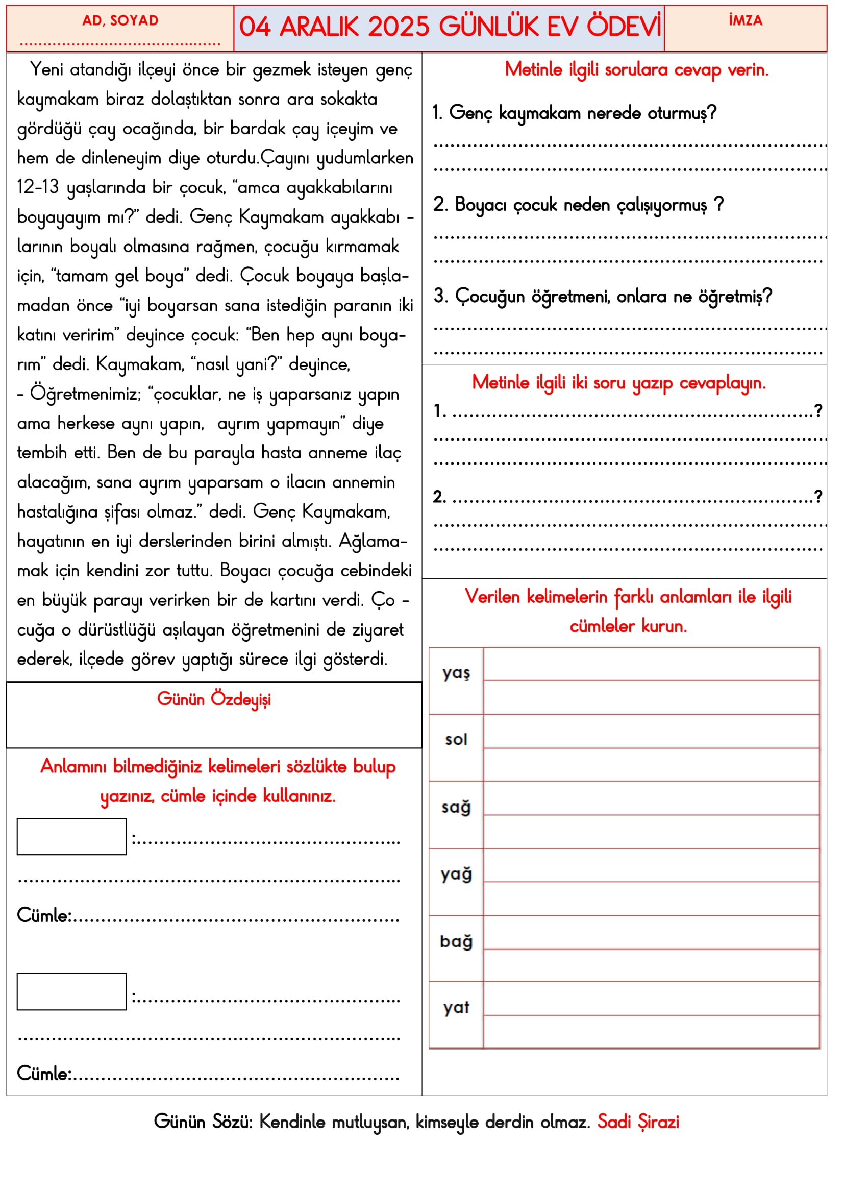 3.Sınıf - 04 Aralık 2025 Günlük Ev Ödevleri