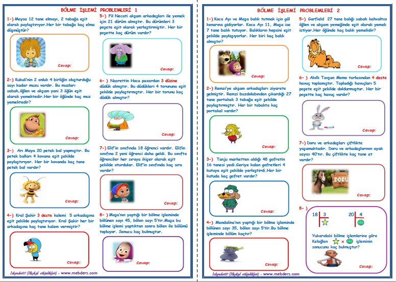 2.Sınıf Matematik  Bölme İşlemi Problemleri 1-2    (2 Sayfa)