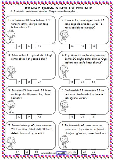 1. Sınıf Matematik Toplama ve Çıkarma İşlemi Problemleri Etkinliği 7