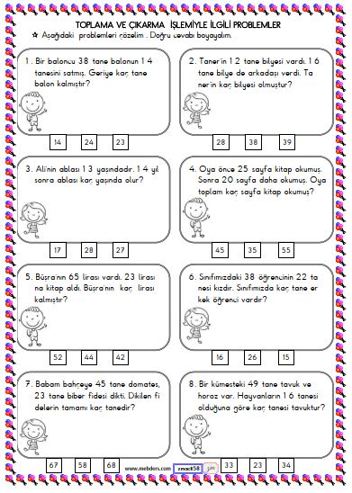 1. Sınıf Matematik Toplama ve Çıkarma İşlemi Problemleri Etkinliği 7