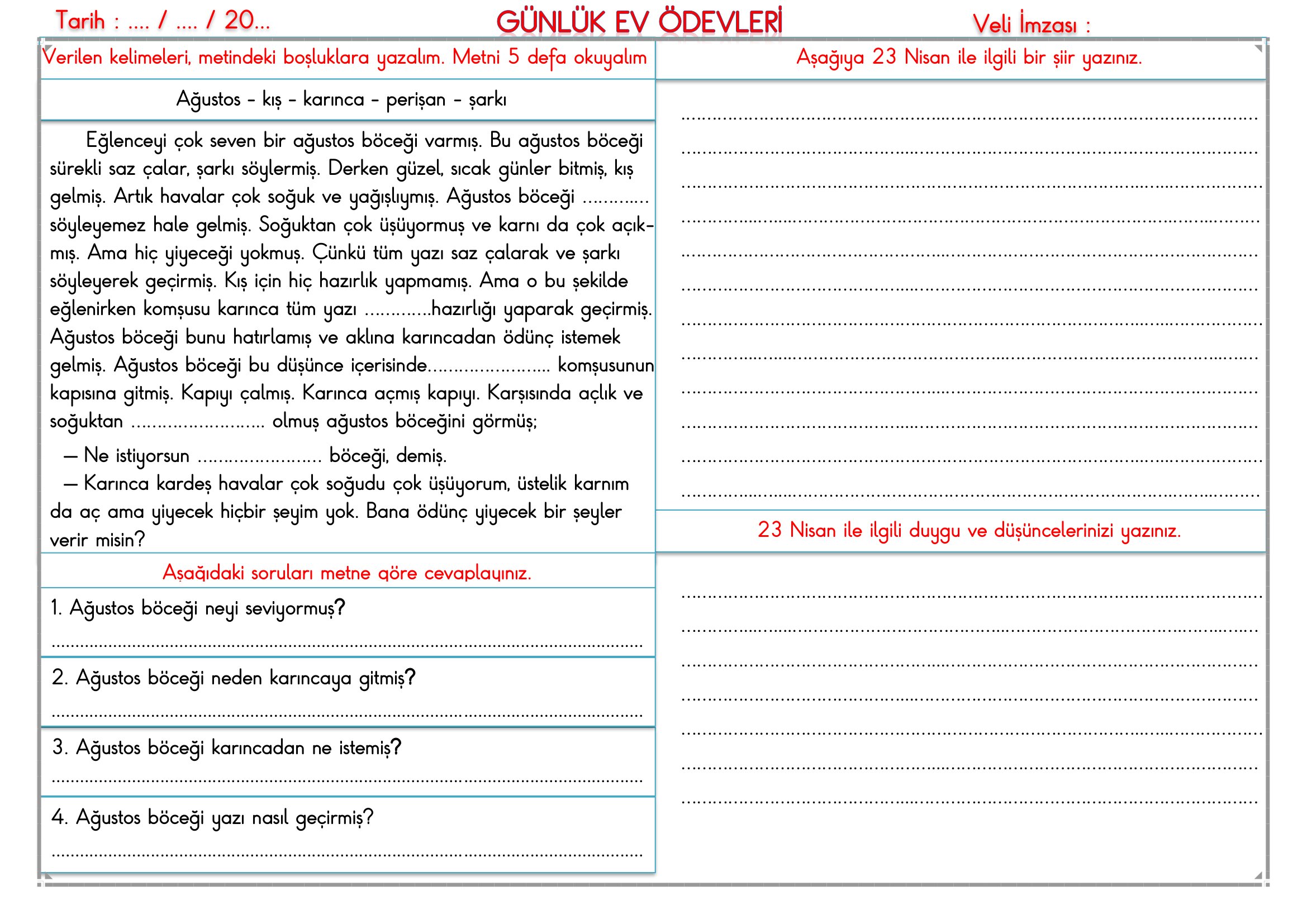 2.Sınıf - 22 Nisan 2026 Günlük Ev Ödevleri