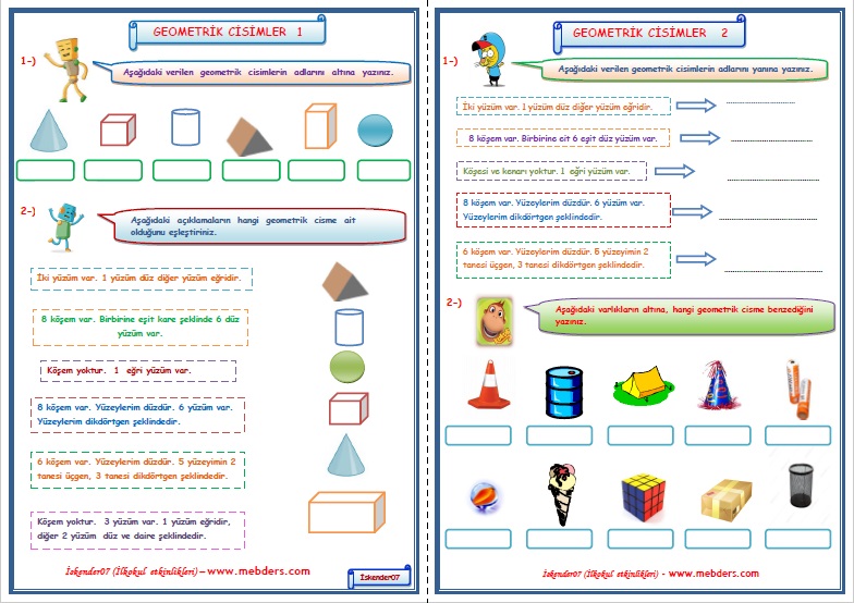 1.Sınıf Matematik Geometrik Cisimler  1-2   (2 Sayfa)