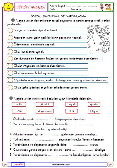 3. Sınıf Hayat Bilgisi Sosyal Dayanışma ve Yardımlaşma Etkinliği