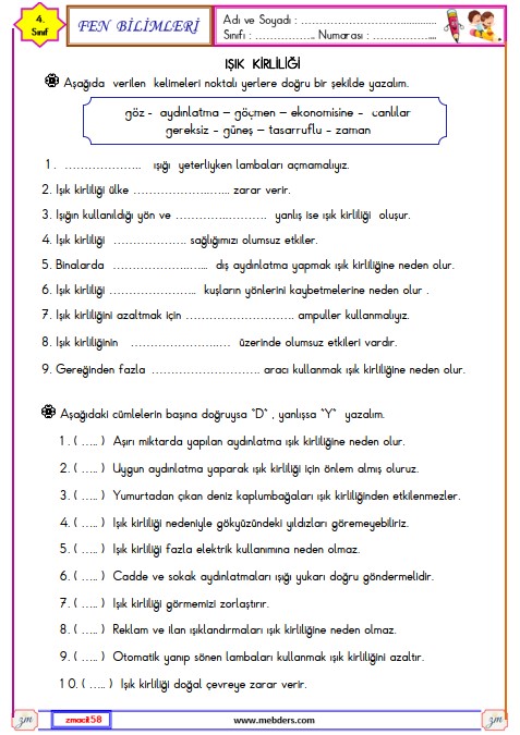 4. Sınıf Fen Bilimleri Işık Kirliliği Etkinliği