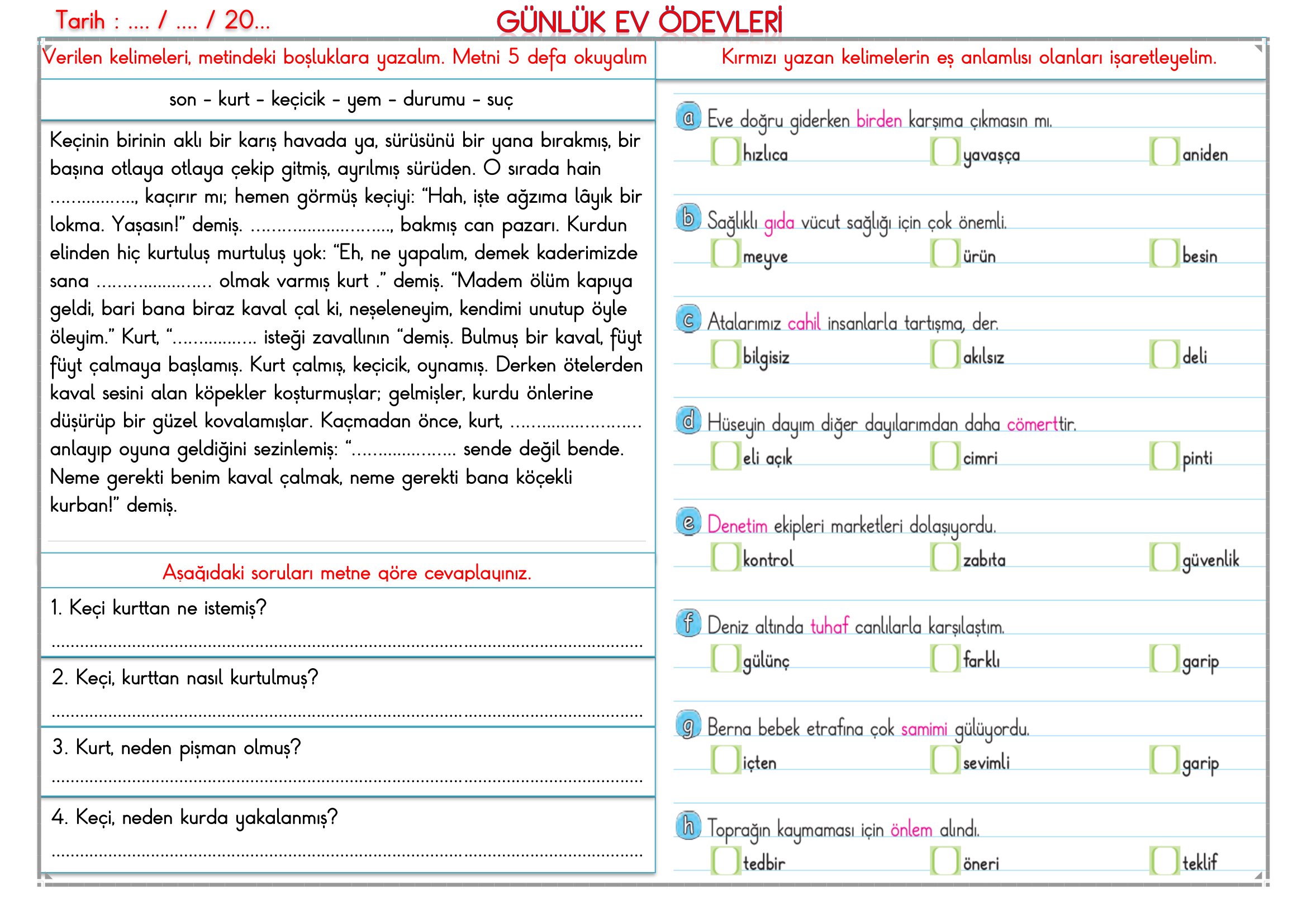 2.Sınıf - 19 Haziran 2026 Günlük Ev Ödevleri