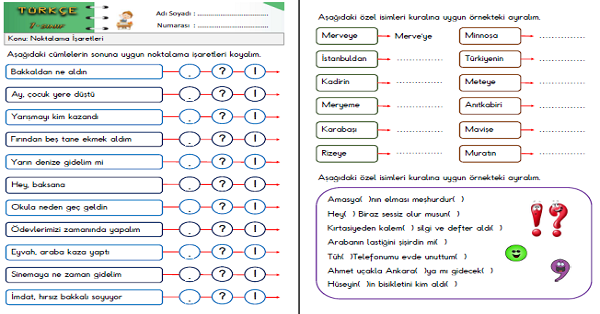 1. Sınıf Türkçe Noktalama İşaretleri Etkinlikleri 5