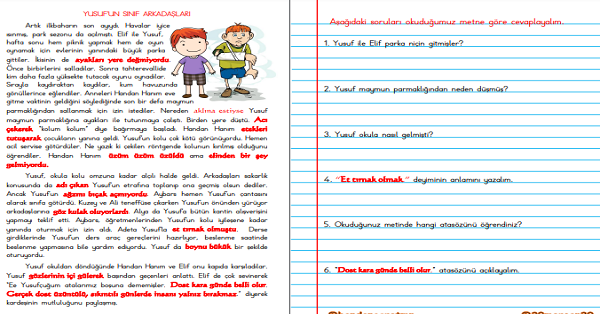 4. Sınıf Türkçe Okuma Anlama  (Çocukların Dostluğu Metni) Atasözü ve Deyim İçerikli