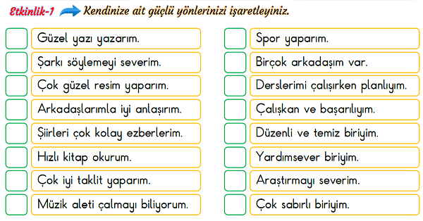 3.Sınıf Hayat Bilgisi Güçlü Yönlerimiz, İlgi Alanlarımız