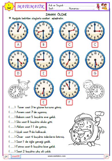 1. Sınıf Matematik Zamanı Ölçme ve Saat Etkinliği 8