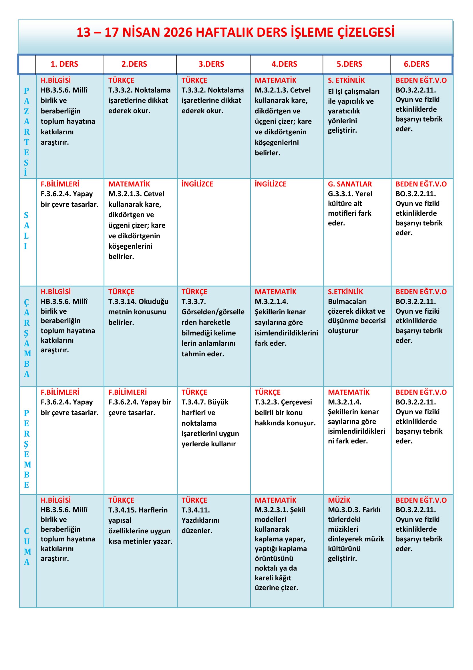 3.Sınıf 13 - 17 Nisan 2026 Haftalık Ders İşleme Çizelgesi.doc