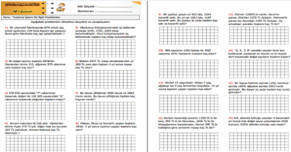 4.Sınıf Matematik Toplama İşlemi ile İlgili Problemler Etkinliği 5