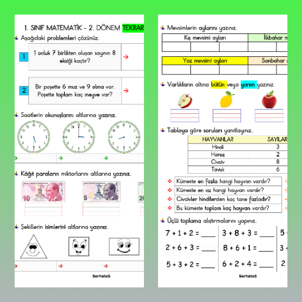 1. Sınıf Matematik - 2. Dönem Tekrar Etkinliği - 7