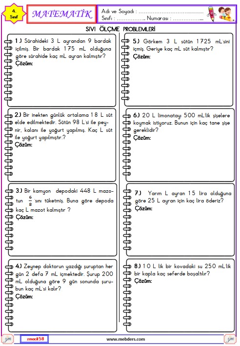 4. Sınıf Matematik Sıvı Ölçme Problemleri Etkinliği 11