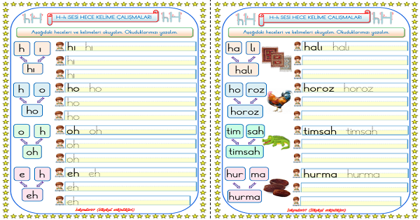 1. Sınıf İlk Okuma Yazma H-h Sesi Hece Kelime Çalışmaları