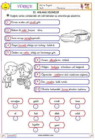 2. Sınıf Türkçe Eş Anlamlı  Kelimeler Etkinliği