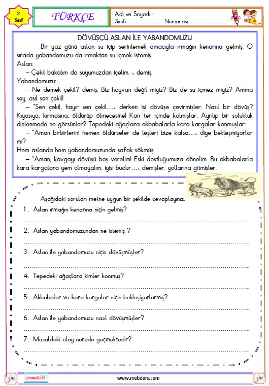 2. Sınıf Türkçe  Okuma ve Anlama Metni  Etkinliği (Dövüşçü Aslan ile Yaban Damuzu)