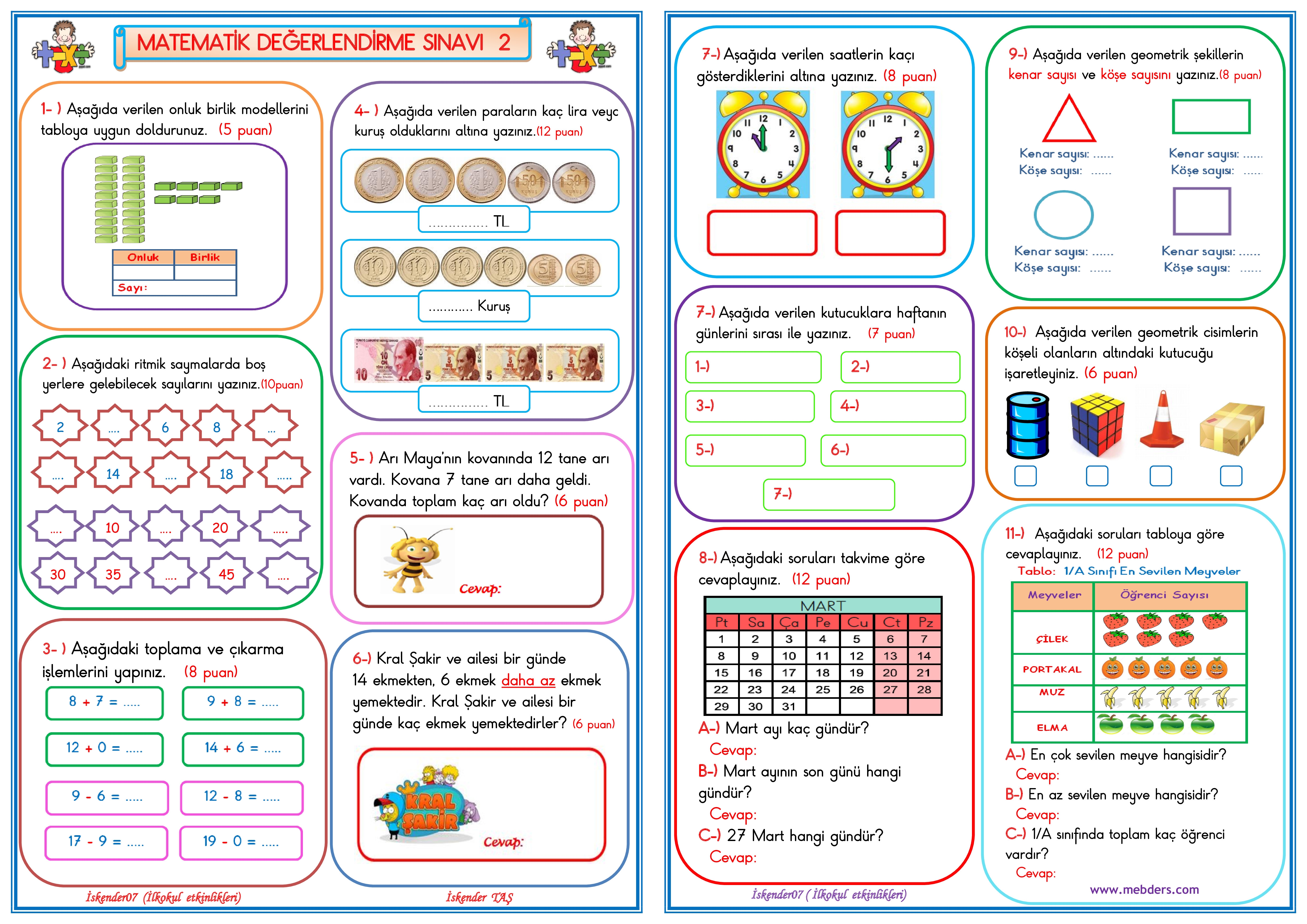 1.Sınıf Matematik Değerlendirme Sınavı  2