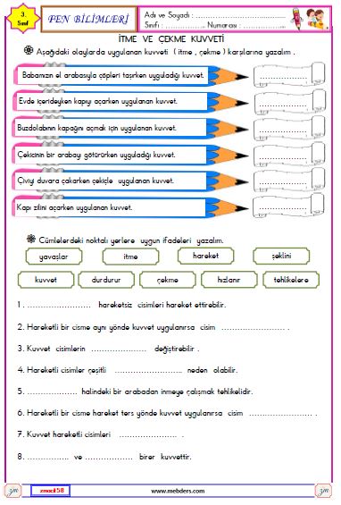 3. Sınıf Fen Bilimleri İtme ve Çekme Kuvveti Etkinliği