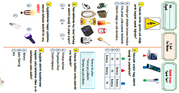 3.Sınıf Fen Bilimleri Elektrikli Araçlar Yaprak Test