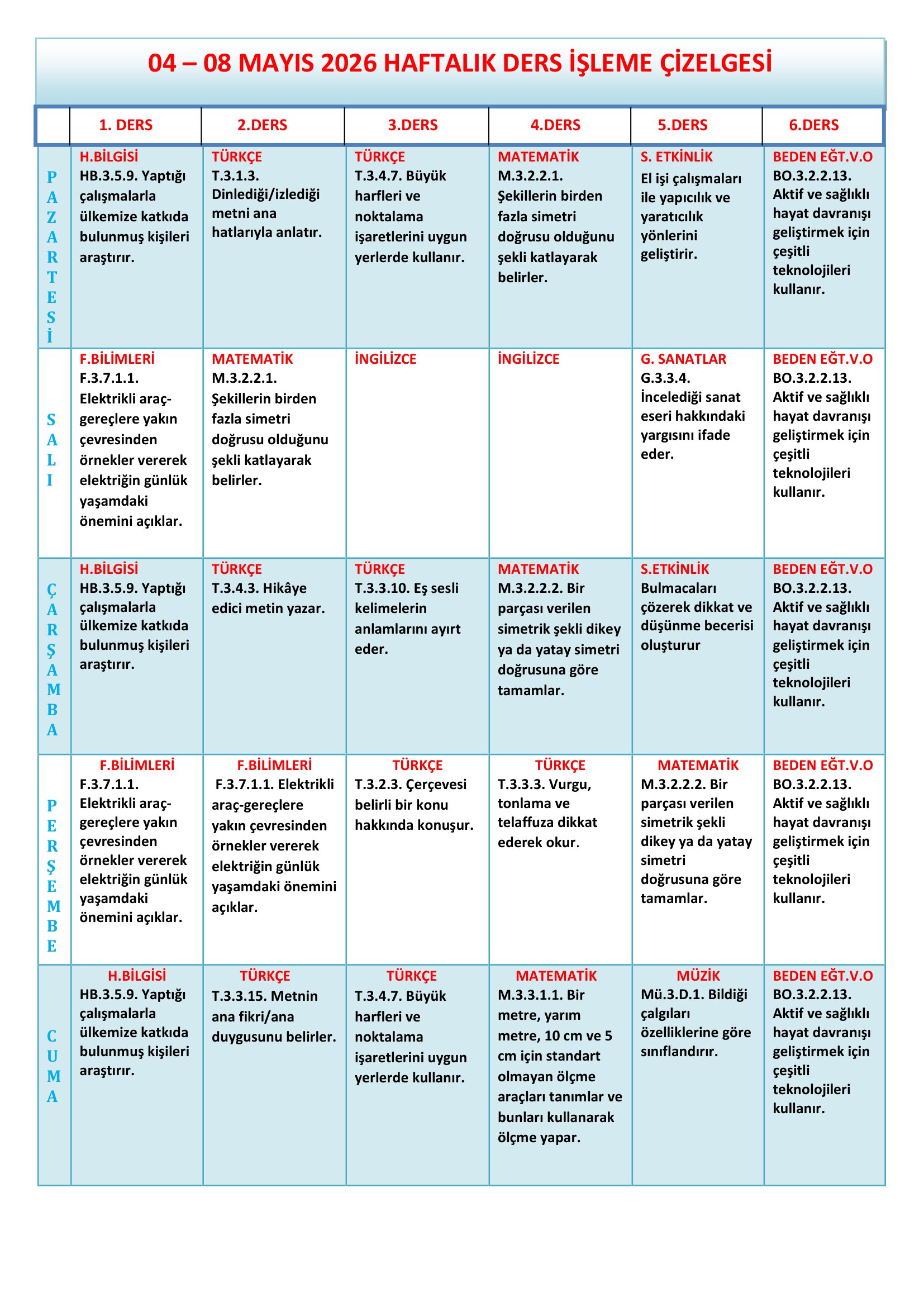 3.Sınıf 04 - 08 Mayıs 2026 Haftalık Ders İşleme Çizelgesi.doc